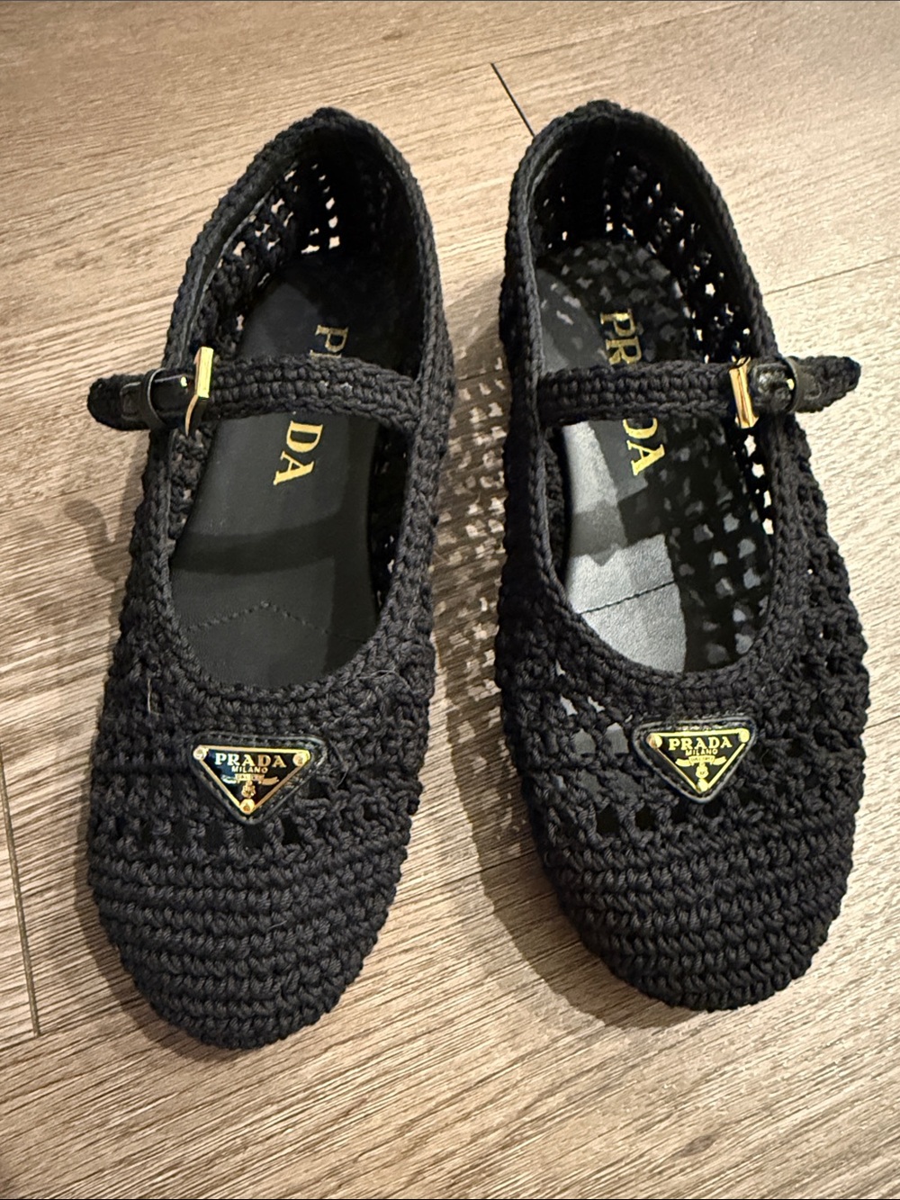 Prada Black Crochet Mary-Jane Flats with Gold Logo